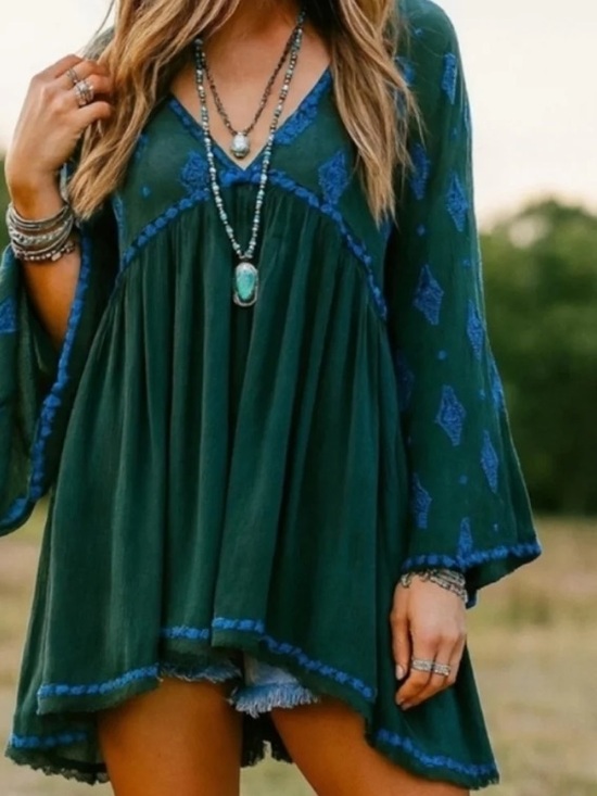Free People Tops - Free People Teal Top with Royal Blue Embroidery